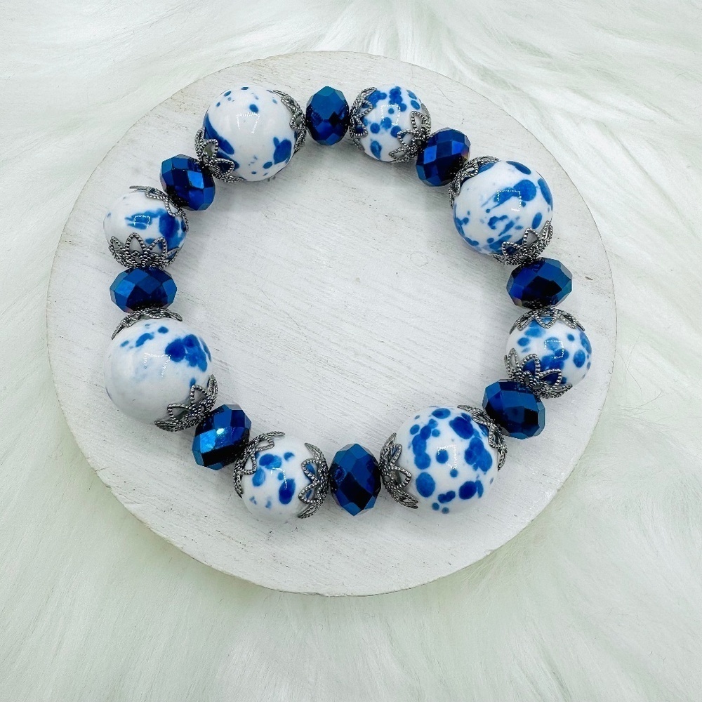 Large Beads Blue & White Statement Beaded Bracelet